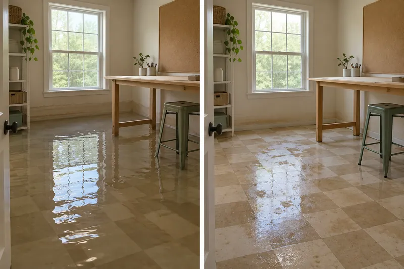 Water Extraction Near Andrew Brown Park East — matched room before bulk collection and after pickup with damp flooring
