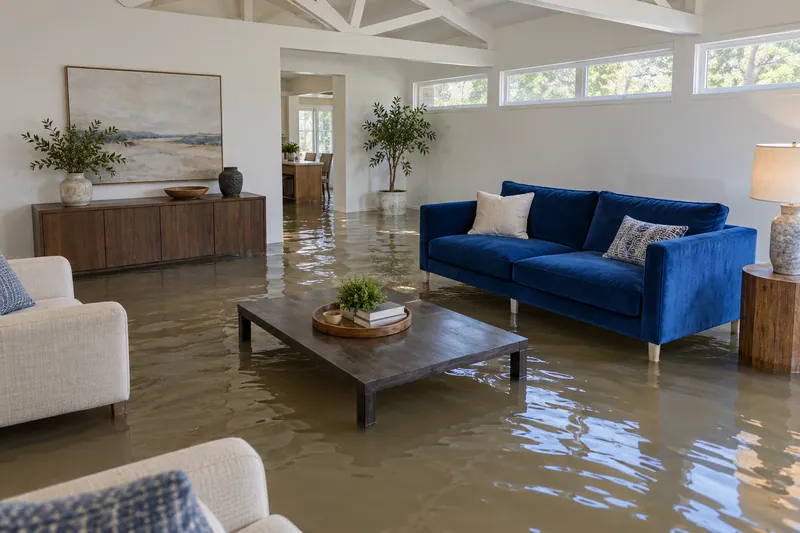 Water Extraction Near Andrew Brown Park East — standing water with visible waterline and submerged furniture feet