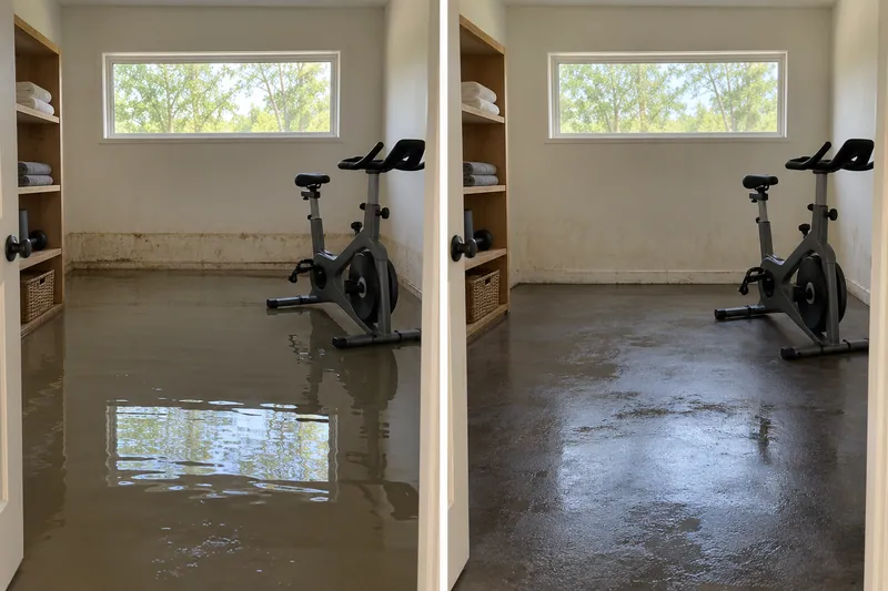 Water Extraction Near Andrew Brown Park West — matched room before bulk collection and after pickup with damp flooring