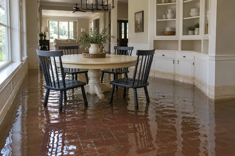 Water Extraction Near Andrew Brown Park West — standing water with visible waterline and submerged furniture feet