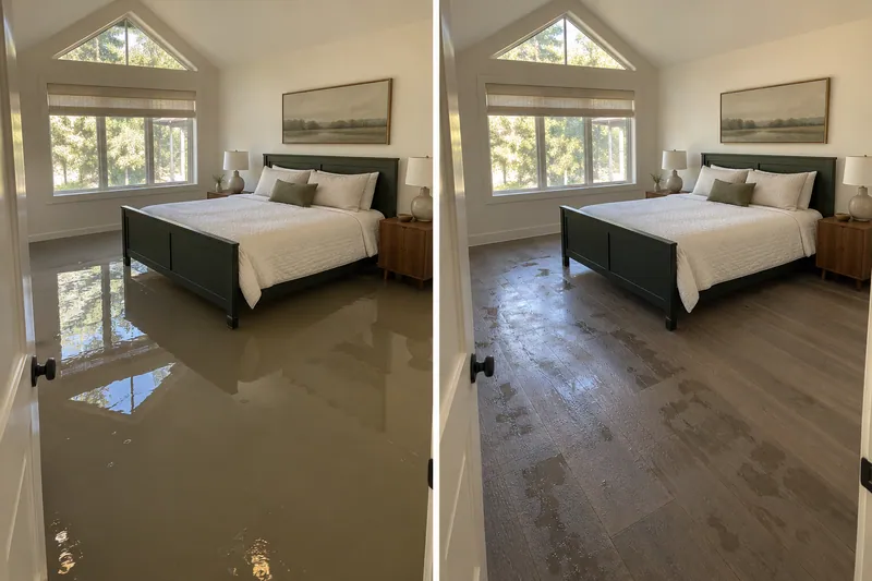 Water Extraction Near Wagon Wheel Park — matched room before bulk collection and after pickup with damp flooring