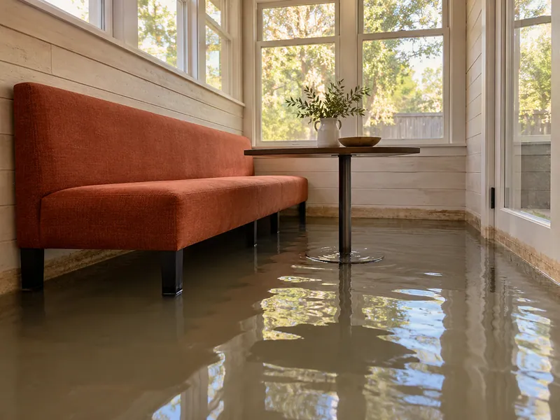 Water Extraction Near Wagon Wheel Park — standing water with visible waterline and submerged furniture feet