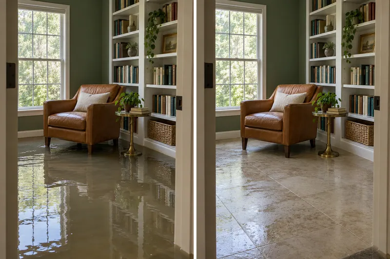 Water Extraction Near Coppell Nature Park — matched room before bulk collection and after pickup with damp flooring