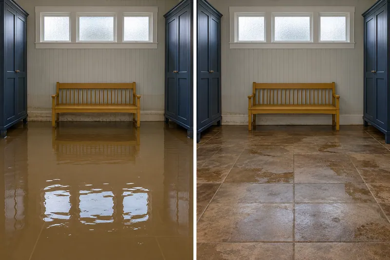 Water Extraction Near Grapevine Springs Park — matched room before bulk collection and after pickup with damp flooring
