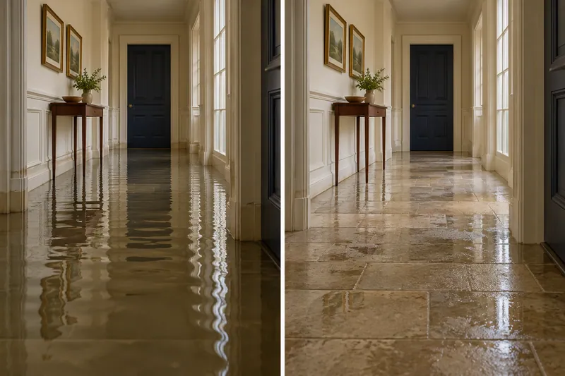 Water Extraction Near The Square at Old Town — matched room before bulk collection and after pickup with damp flooring